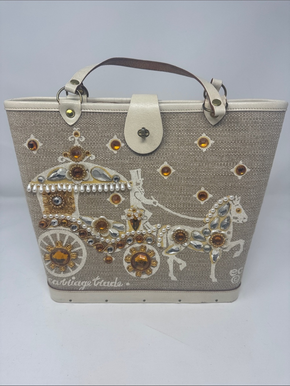 VINTAGE 1963 ENID COLLINS HANDBAG PURSE WOOD BASE BURLAP LEATHER CARRIAGE BEADED